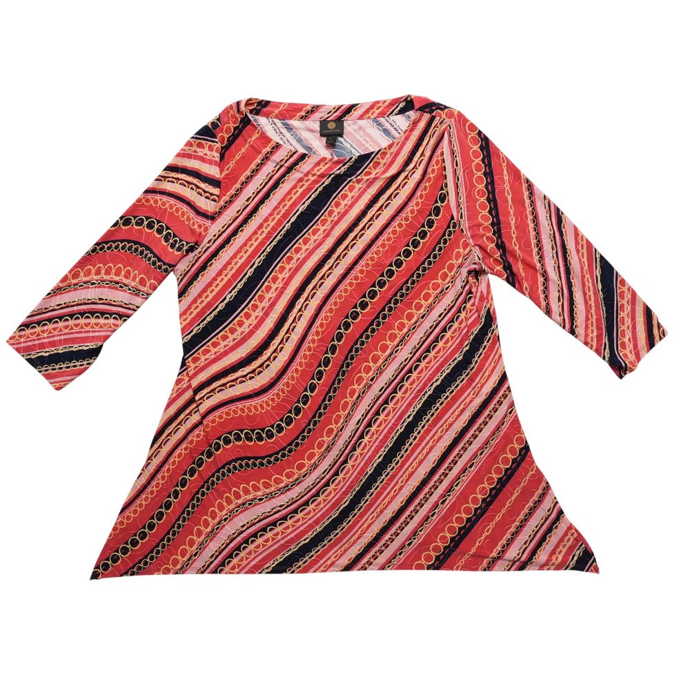 JM Collection Blouse Womens XL Pink Chain Print 3/4 Sleeve Sharkbite Hem Stretch